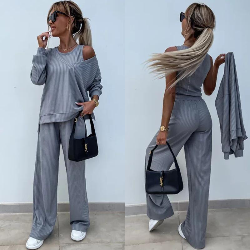 2026 New Women's Solid Color V-Neck Long Sleeve Vest Top with Casual Pants 3-Piece Outfit Set
