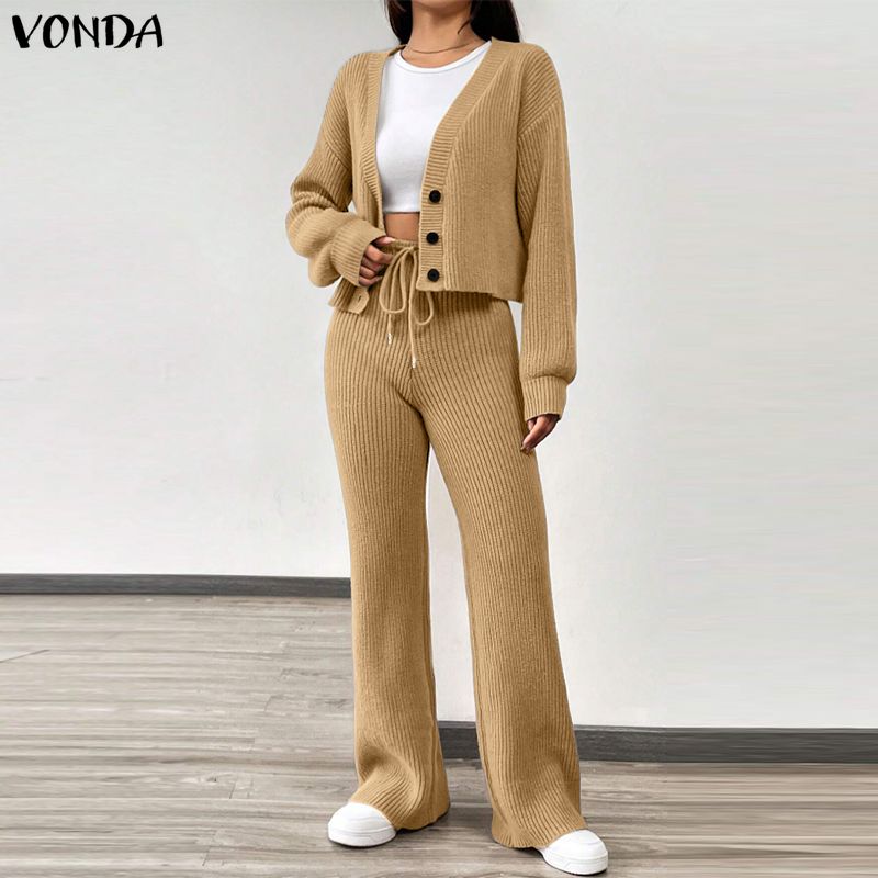 VONDA Two Piece Suit Autumn Spring Women Rib Long Sleeve Blouse and Pants Casual Sets