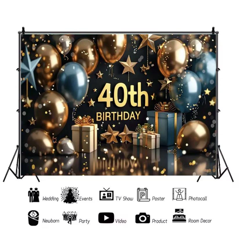 40th birthday party decorations, backdrop, black and gold theme, balloon banner, photo studio props4852