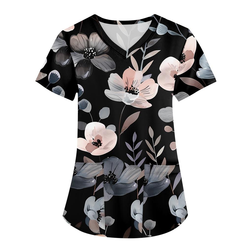Vêtements de travail à manches courtes et col en v pour femmes, hauts imprimés avec poches