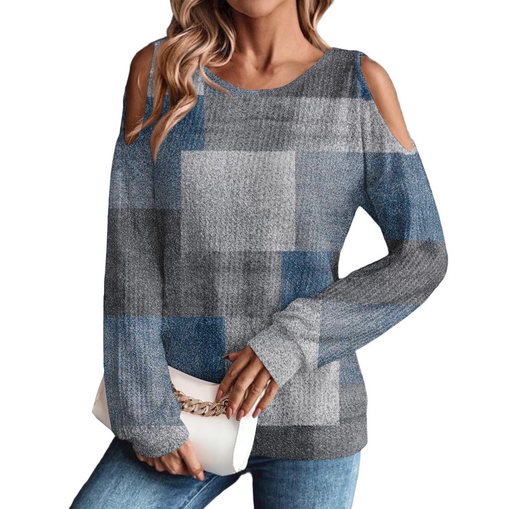 Women's Winter Oversized T-Shirt Fashionable Off-the-Shoulder Round Neck Vintage Floral Print Pullover Long-Sleeved Top