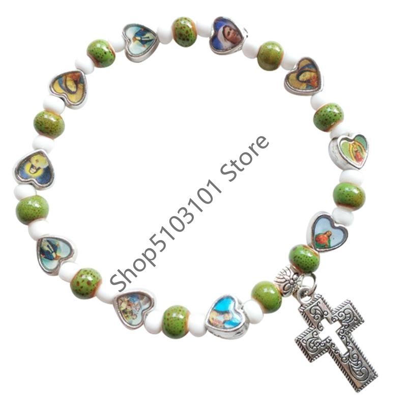 Jesus Cross Rosary Bracelet Lady Virgin Mary Jesus Cross Handmade Bead Chain Rose, Sacred Heart Compassion Rosary Bracelet Gift