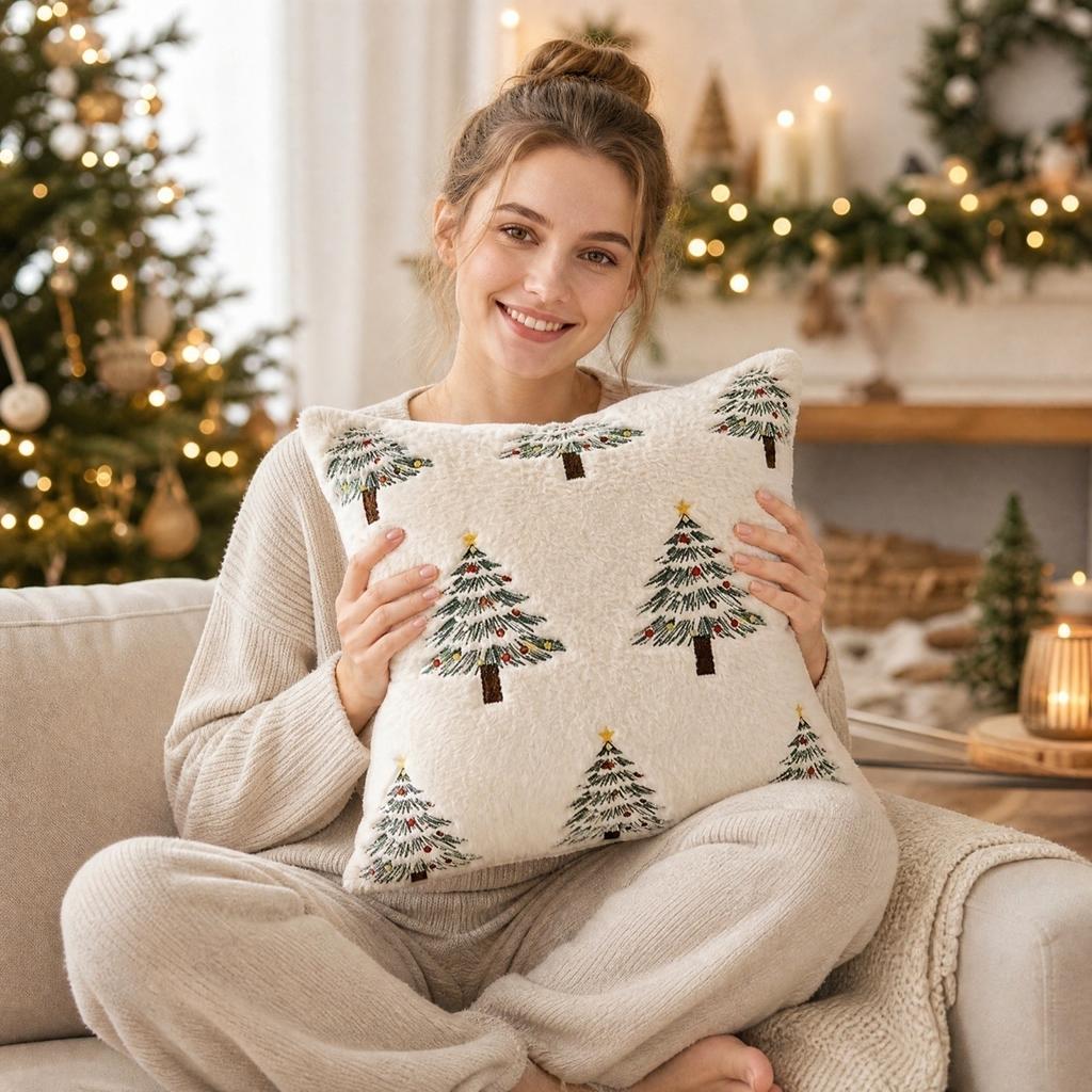 Christmas Embroidered Cover with Lights Pattern, 45 Cm Square Throw Case for Holiday Home Decor