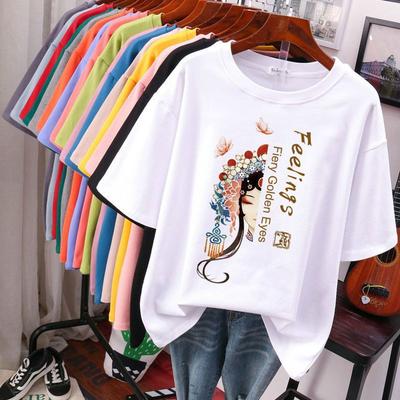 Chinese Style Printed Short Sleeved Women's Plus Size T-shirt Cotton L-5XL Top Fashionable Printed Simple Casual Lady Short Sleeved T-shirt