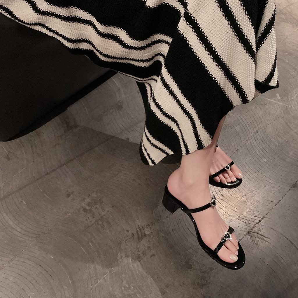 Sheepskin Version~ Shoes Love Rhinestone Buckle Flat-bottomed Slippers Women's Thick Heel Sandals Outer Wear