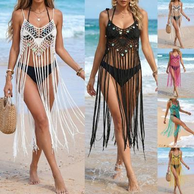 Spring Summer Fringe Crochet Beach Cover Up Women Spaghetti Strap Long Tassel Cover Up