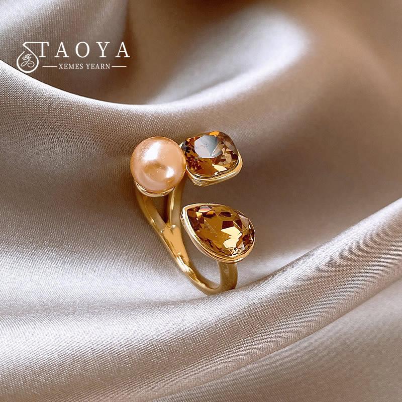

Luxury Geometry Crystal Champagne Pearl Metal Open Rings 2026 Fashion Jewelry Wedding Party Women s Exquisite Ring Accessories resizable&Gold-color