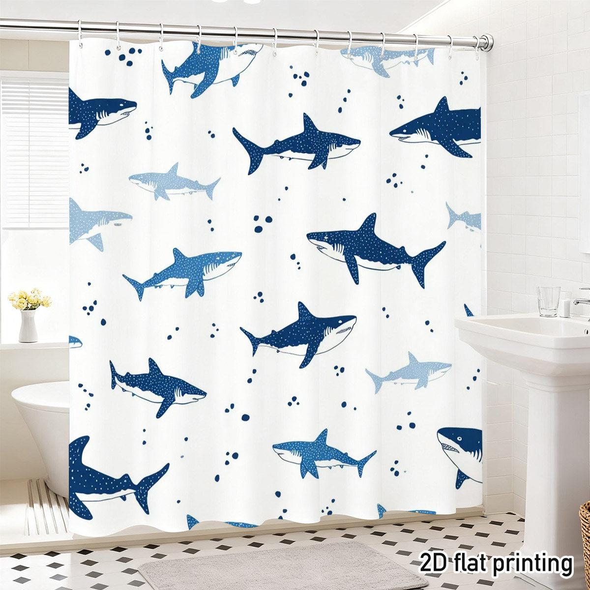 

Shark Shower Curtain – Playful Blue Sharks & Bubbles On Cream Background, Waterproof Polyester, Ocean-Themed Bathroom Decor W60H190(CM)-1 Pcs
