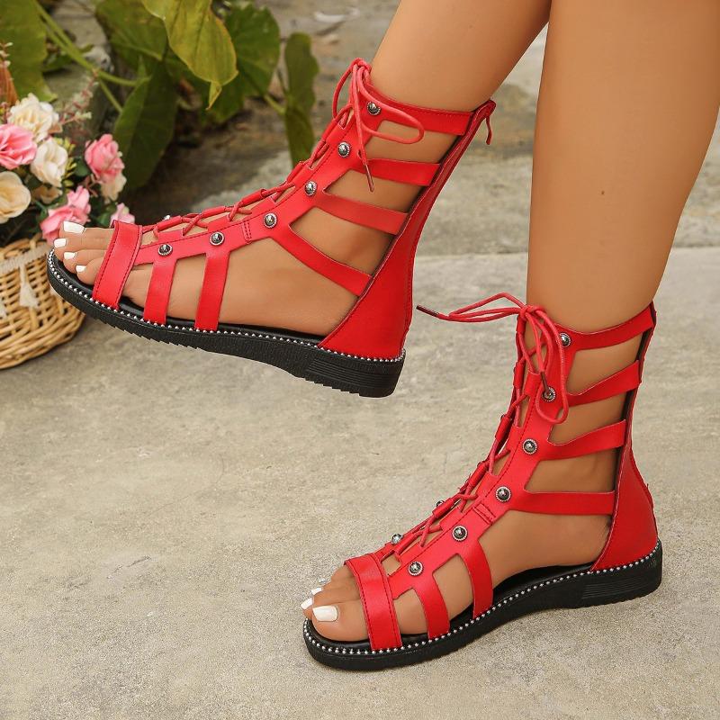 Summer New European and American Large-size Sandals Women's Fashion Hollow-out Rear Zipper Flat-bottomed Roman Cool Boots Amazon