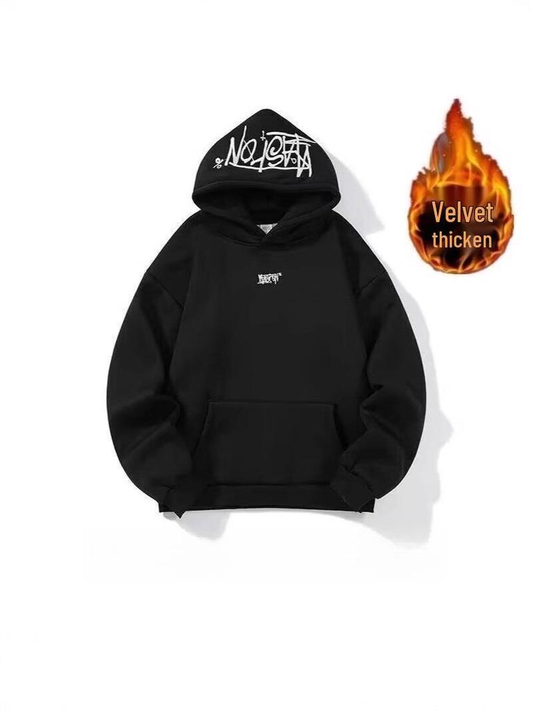 Men's American Style Gradient Letter Embroidery Fleece-Lined Hooded Sweatshirt, Autumn Loose Fit Versatile Casual Hoodie