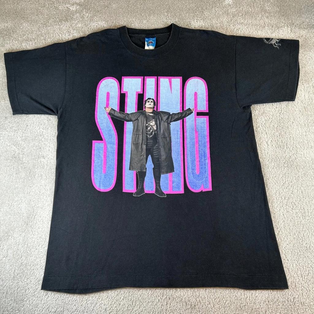 Vintage 90s Sting WCW Wrestling Graphic T-shirt Black Mens Large Scorpion Sleeve