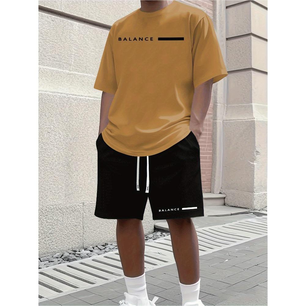 2026 Casual Men's Set Summer Apparel Color-Blocked Short-Sleeve Top Relaxed Drawstring Shorts Stylish Streetwear Ensemble
