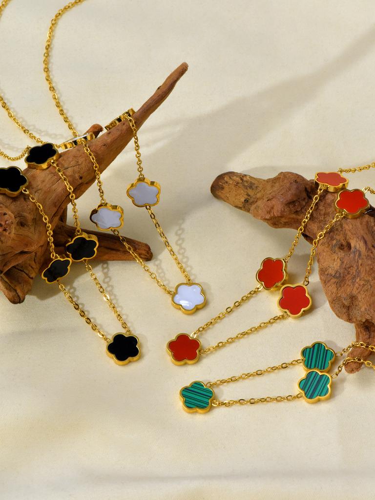 Fashion Elegant Simple Versatile Stainless Steel 18K Gold-Plated Lucky Clover Five Flowers Collar Bone Chain For Women