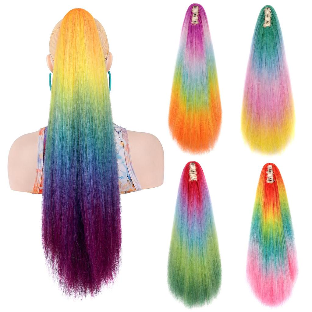 Ponytails Hair Extension Long Yaki Straight Hair Ponytail Rainbow Color Hairpiece Claw Clip on Hair Tail for Ladies