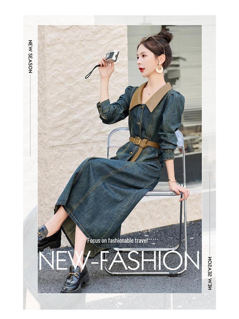 Autumn 2023 Retro Denim A-line Dress: Women's Long Sleeve, Waist-Slimming, Medium Length, Lapel Style