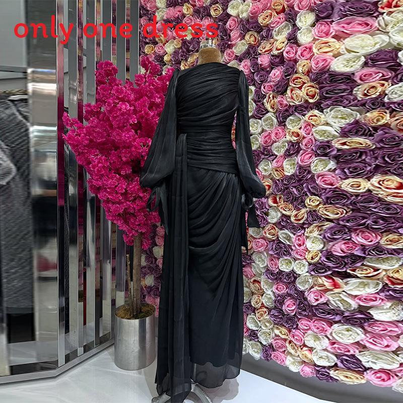 Polyester Pleated Dress With Long Sleeves For Elegant Women Spring