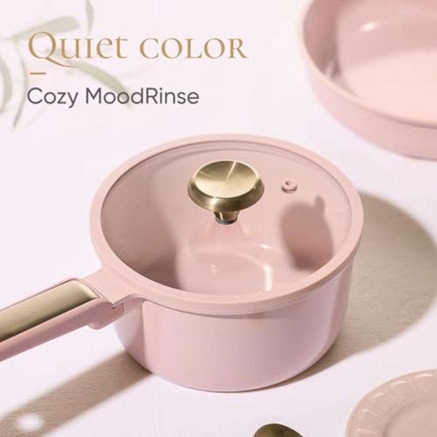 Pink Blush Ceramic Cookware Set 14pcs Nonstick Pots and Pans with Lids Non-Toxic PFAS-Free Kitchenware for Home RV Camping Dish