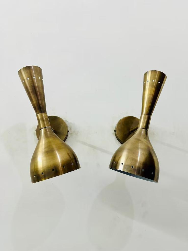 Mid Century Brass Diabolo Wall Sconce - Italian Modern Light Fixture Pair