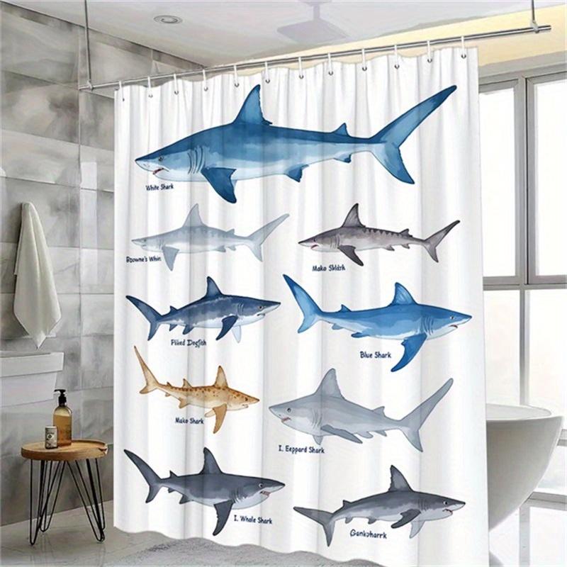 Textile Article Blue/Gray/White 1Pc Shark Species Shower Curtain - 9 Labeled Sharks, & On Polyester, 70.8X70.8 12 Hooks, Modern Bath Decor