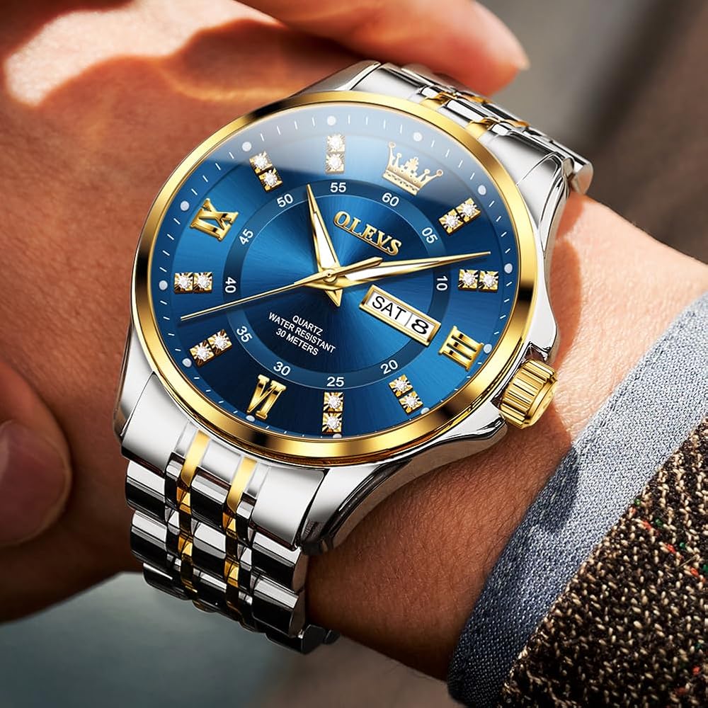 OLEVS Men's Diamond Watch Business Dress Watch Waterproof Luminous Golden Big Dial Quartz Analog with Date Calendar and Stainless Steel Band