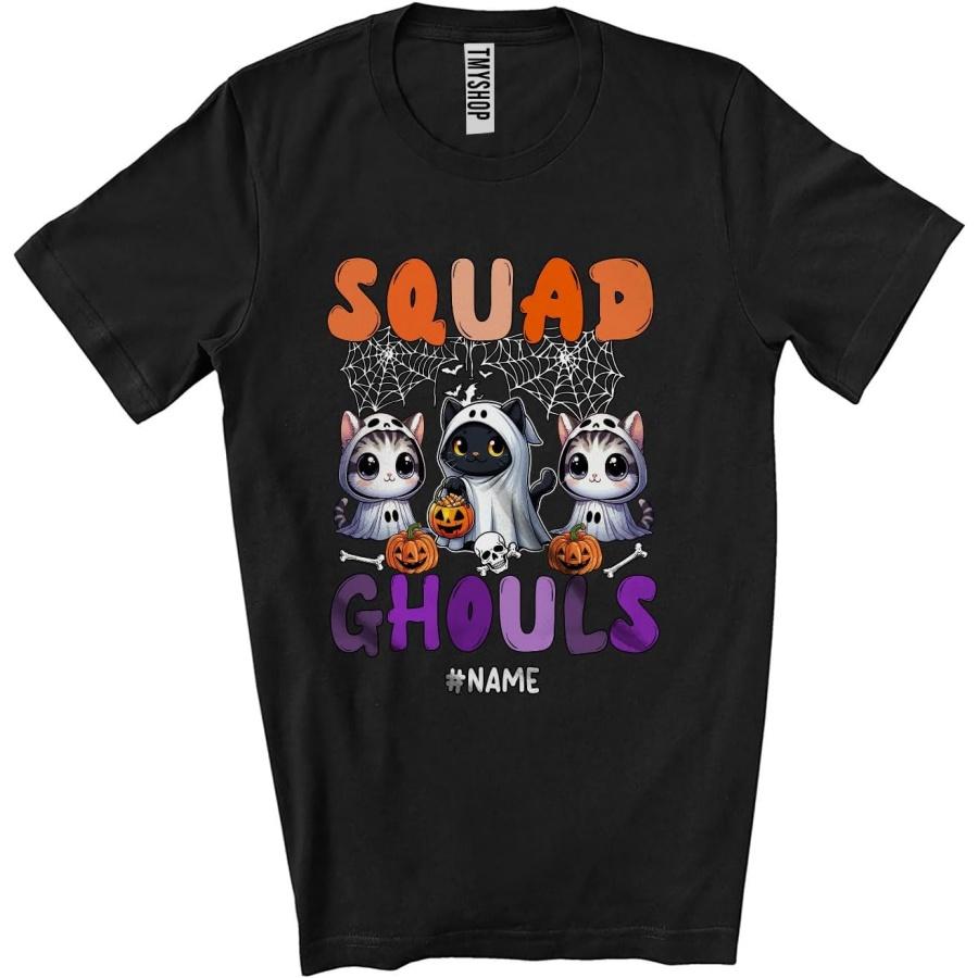 CUTEBUNNYSTORE Personalized Custom Name Ghouls Squad; Lovely Halloween Three Kittens Boo Ghost Cosplay; Farmer Unisex T-Shirt Black S