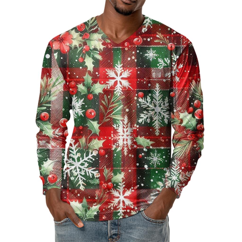 Men's Fashion Printed V-Neck Casual Long-Sleeved T-Shirt Bottoming Shirt Top