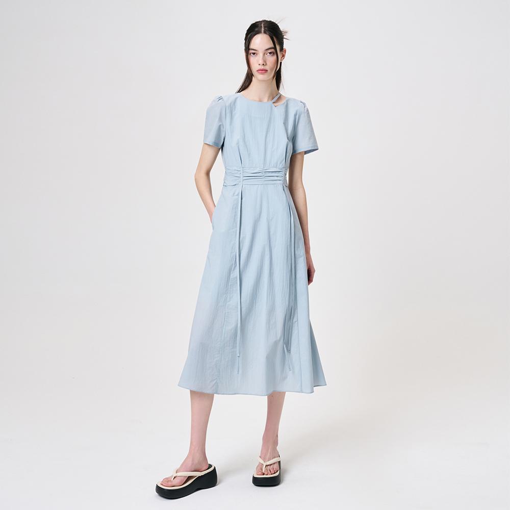 Etmont Neck Cut-Out Shirring Dress, Sky Blue