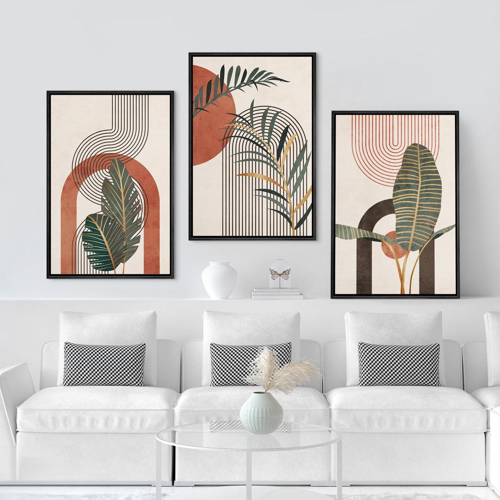 Mid-Century Tropical Leaf Wall Art Set, Boho Abstract Geometric Terracotta Canvas Prints, Minimalist Home Decor & Perfect Gifts