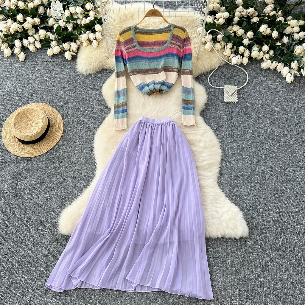 Spring Autumn Women Vintage Rainbow Striped Knitted Sweater Pullover Tops and Long Midi Pleated Skirt Two Piece Set