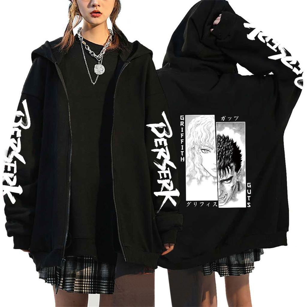Anime Berserk Sword Legend Printed Zipper Hoodie for Men and Women, Casual Sportswear, Hoodie and Top