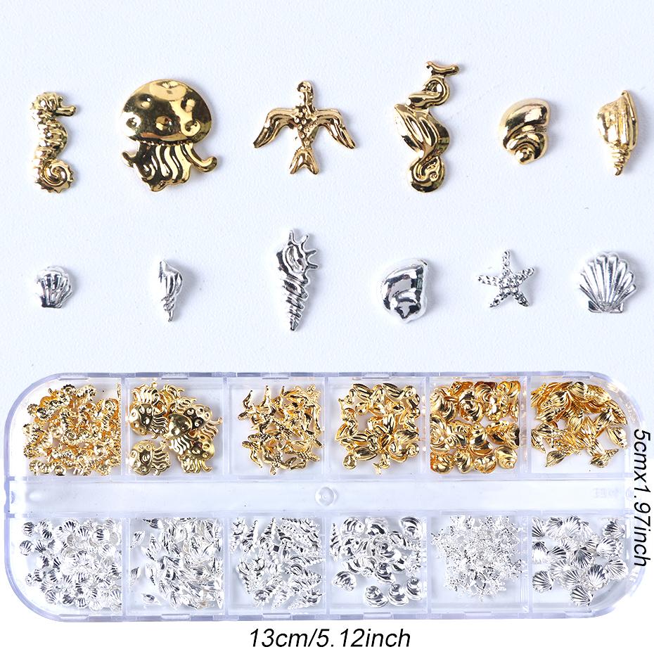 Xiaomi 12 Grids Shell Gold Silver Metal Nail Charms Decorations Starfish Jellyfish Summer Nail Rivet Studs Crafts Nail Art Accessories
