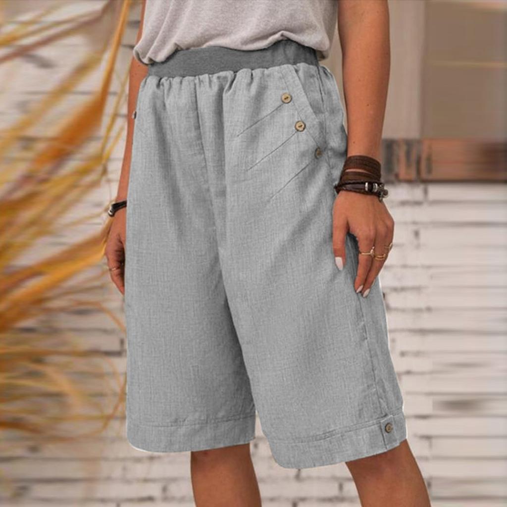 Women's Casual Pants Elastic Waist Straight-leg Pockets Summer Linen Shorts