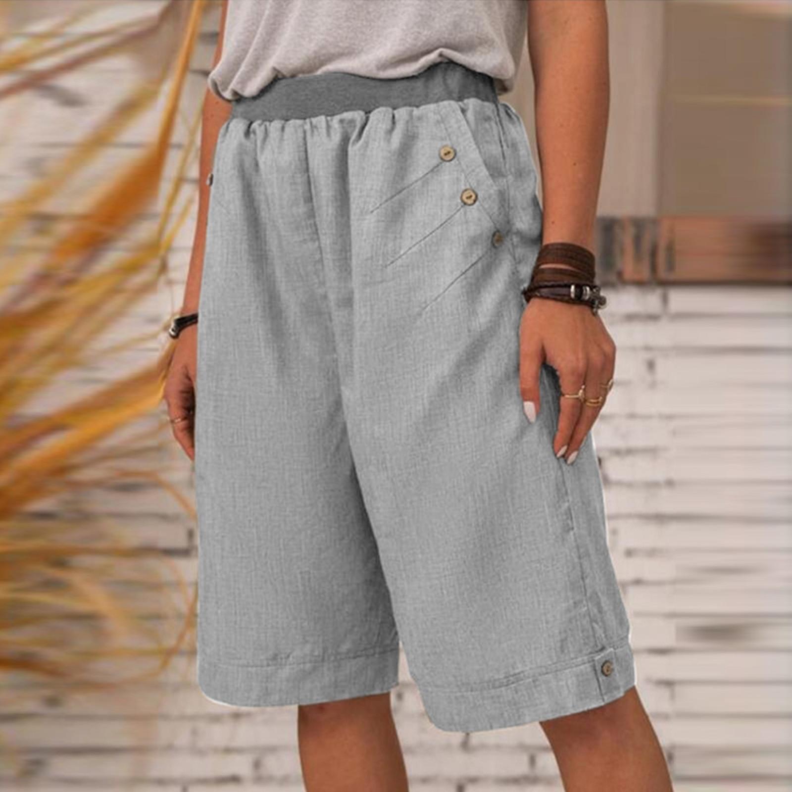 

Women s Casual Pants Elastic Waist Straight-leg Pockets Summer Linen Shorts XL