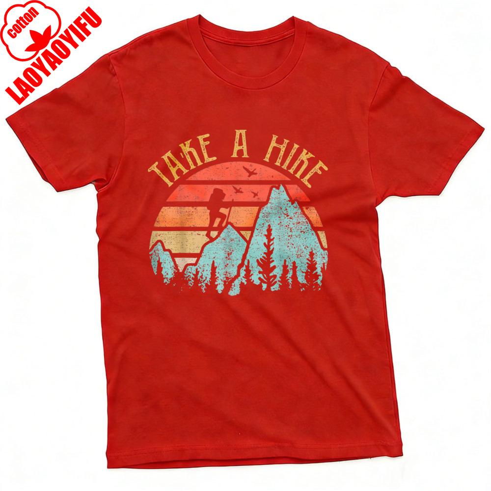 Take A Hike Mountain Sunset Design Summer Men TShirt Vintage Outdoor Style Casual Wear for Nature Adventure Enthusiasts Tops
