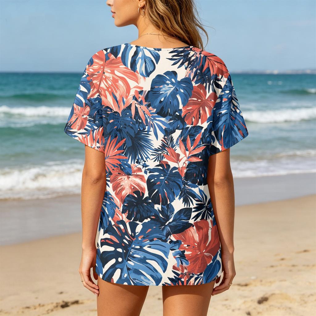 Damen Freizeit Hemd mit Print, Henley-Knopfleiste, kurzen Ärmeln, Baumwoll-Leinen-Mischung und Brusttasche für den Sommerlichen Alltagsgebrauch