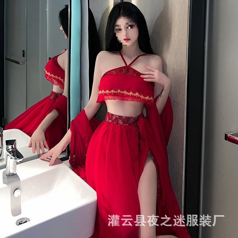 Sexy Perspective Night Fantasy Exotic Uniform Flying Belly Pocket Sex Underwear Set Dunhuang Hanfu Sexy Printed Woman