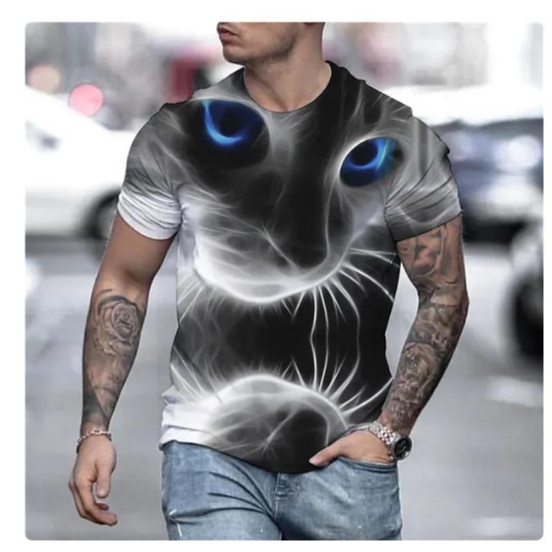 Summer Round Neck 3D Cat Print Top Fashionable Casual Short Sleeved Men's T-shirts