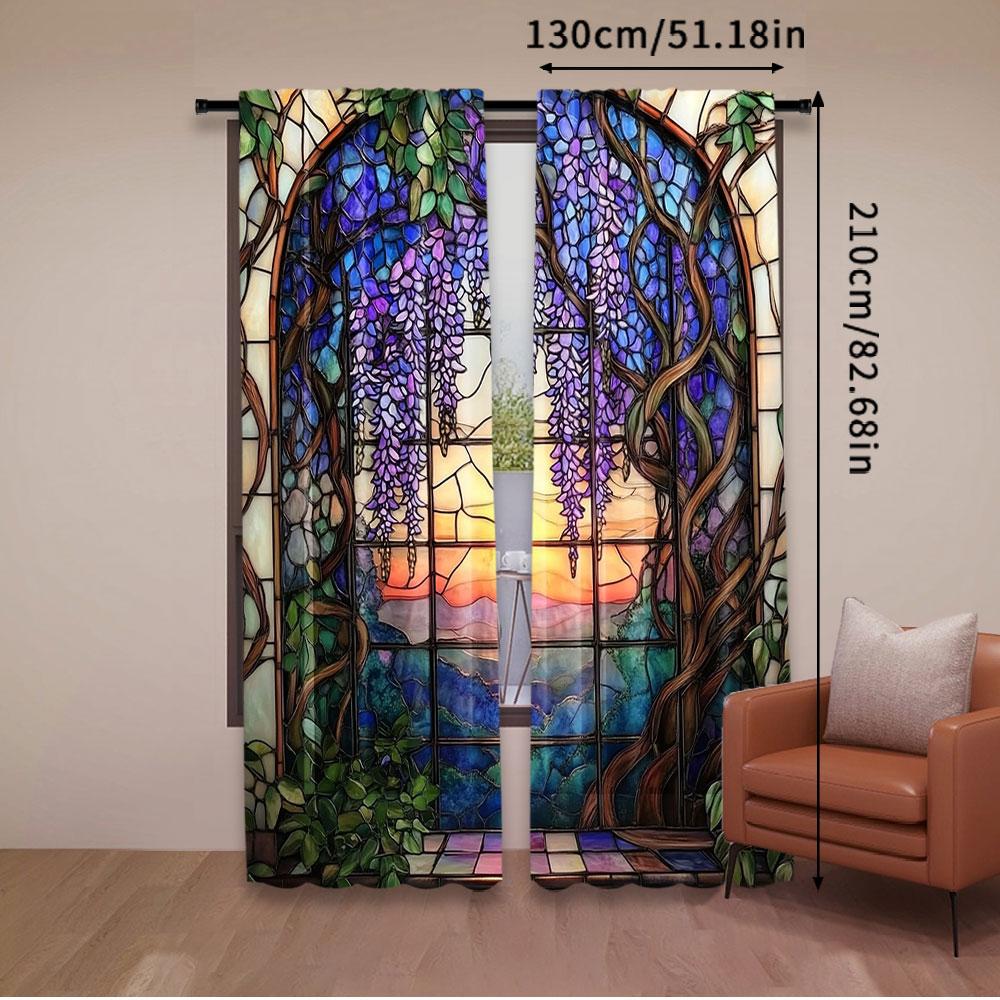 Set Of 2 Vibrant Stained Glass Wisteria Flower Printed Curtains Beautiful Home Decor Bedroom Bathroom Living Room Dining Curtain For Area Made