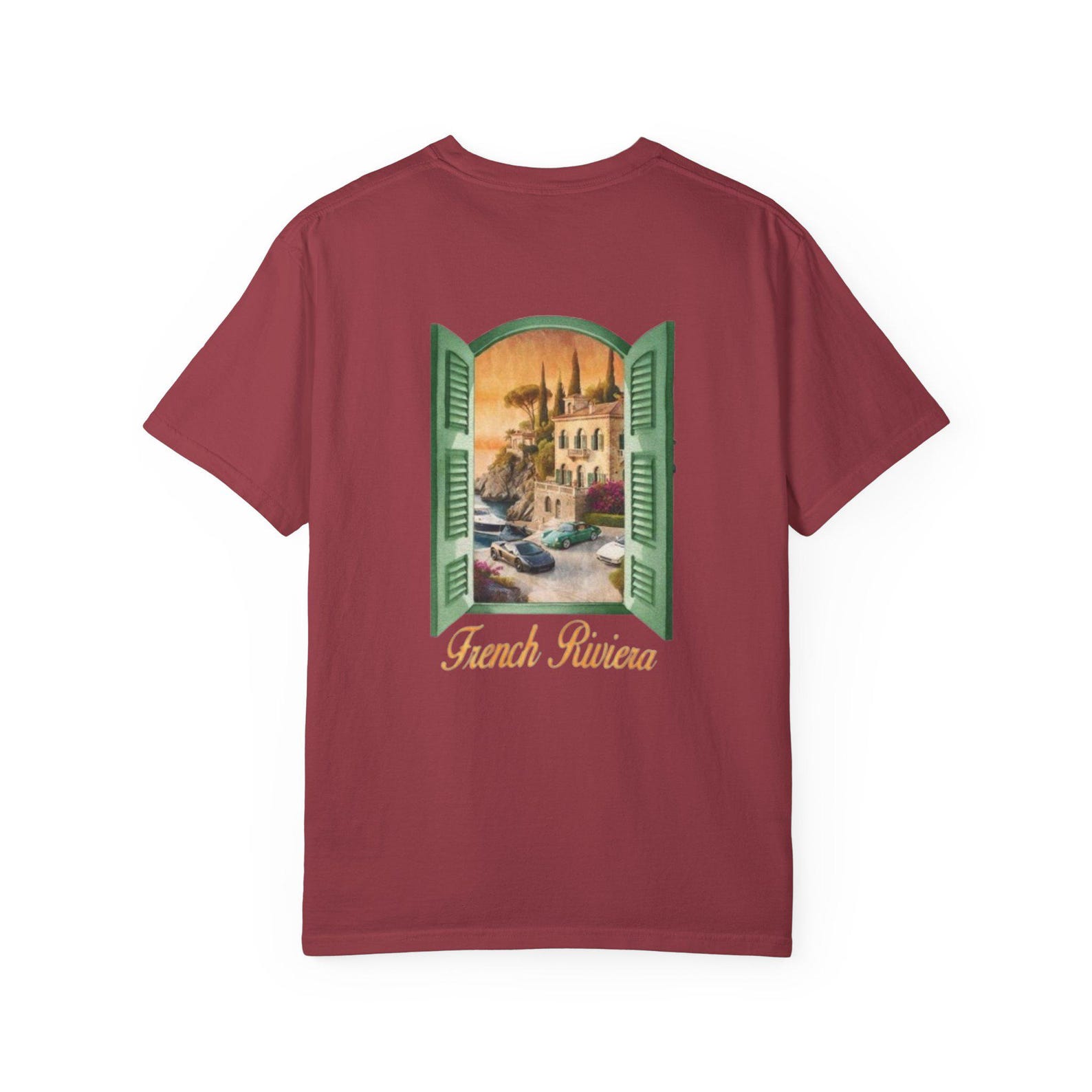 French Riviera Window Scene T-shirt | Vintage Coastal Travel Typography S