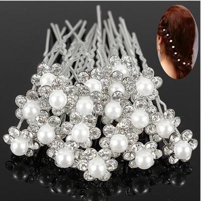 20Pcs Wedding Bridal Faux Pearl Rhinestone Flower Hair Stick Pins Clips Silver Color Jewelry KTJ