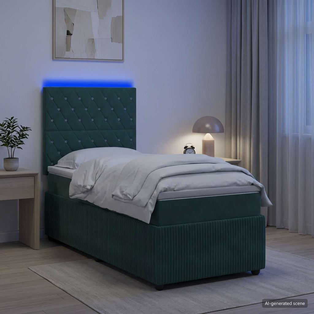 LED Box Spring Bed with Mattress Dark Green 90 x 190 cm Velvet