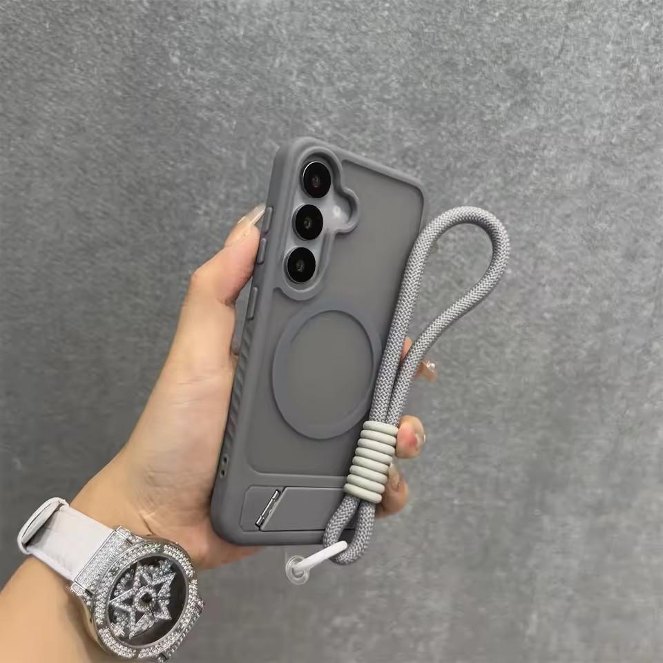 Fashion Wristband Lanyard Case for Samsung Galaxy S26 S25 Ultra S24 S23 Plus FE S25Edge S26+ 45° Bracket Matte Shockproof Cover