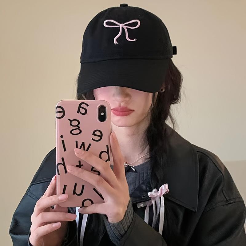 1pc Adjustable Cute Bow Baseball Cap - Sweet And Romantic Pink Design, Made of Lightweight Polyester, Couple'S Hat with a Soft Top