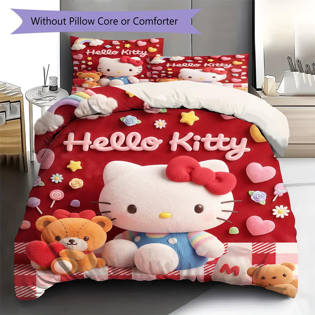 Hello Kitty Cute Pattern Bedding,Quilt Set Quilt Cover Pillowcase Home Birthday Gift(1 * Duvet Cover + 2 * Pillowcase, Without Core)