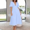 Puff Sleeve Vacation Dress For Women Summer  Deep V Neck Casual Short Sleeve A-Line Maxi Dresses