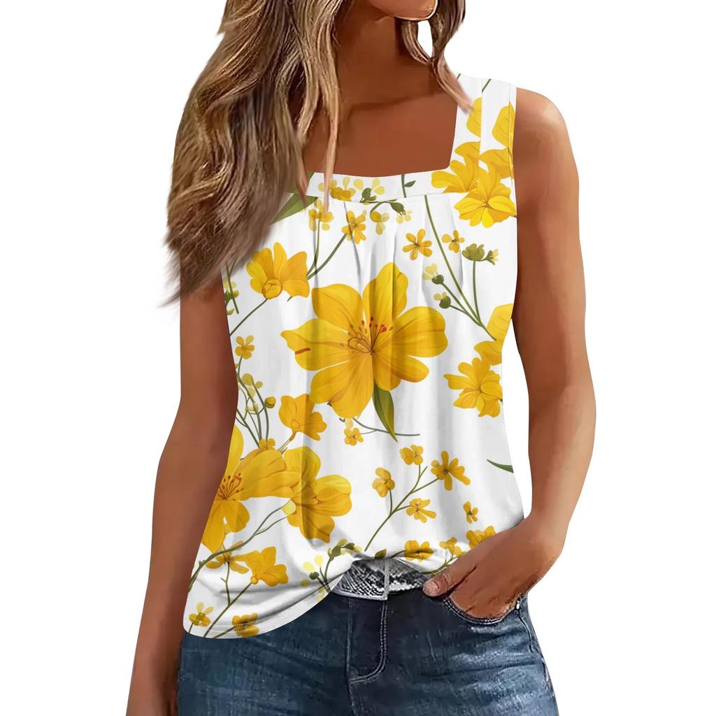 Women's Fashion Casual Pleated Square Collar Sleeveless Vest Print Summer T-shirt