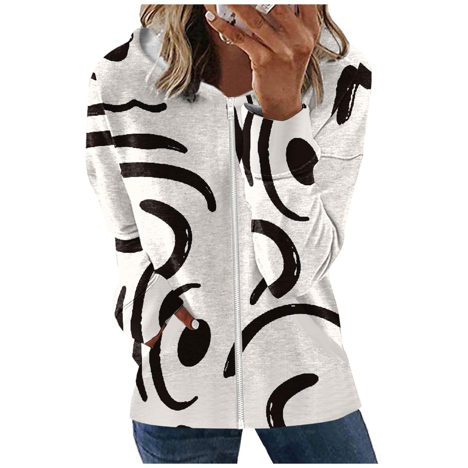 Women s Fashion Casual Zipper Color Printed Long-sleeve Pocket Hooded Coat L белый
