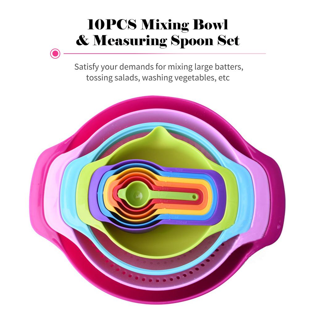 10PCS Mixing Bowl Set Measuring Spoon Set Coloful Sieve Colander Strainer Bowl Salad Bowl With Handle for Kitchen