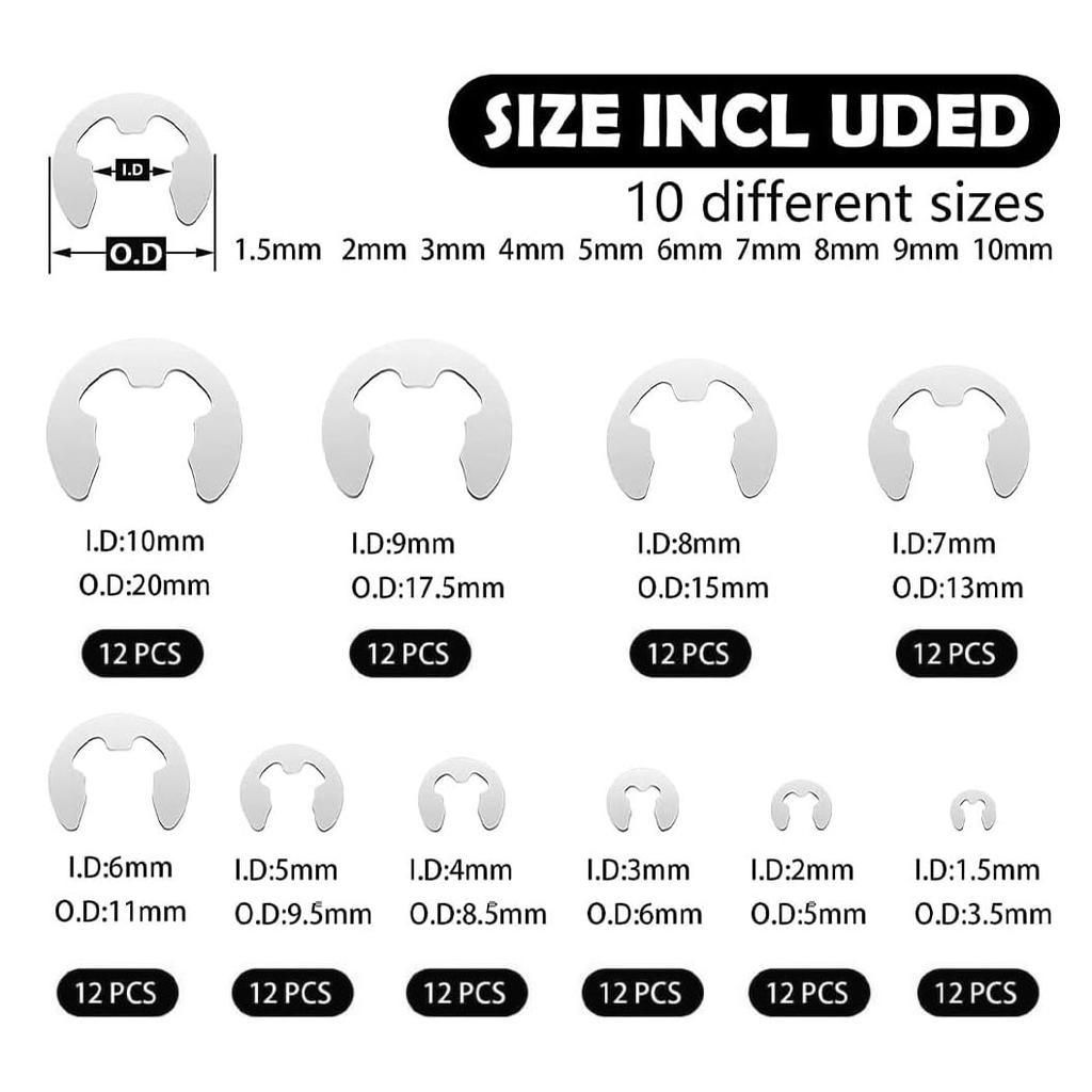 120 Stück 304 Edelstahl Aufhellungs-Öffnungsring-Set GB896E Typ Feder-Öffnungskarte M1.5M10 Set