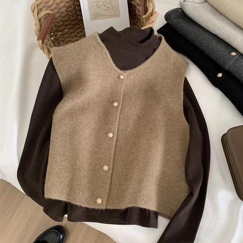 Fashion Single Breasted O Neck Knitted Women Sweater Vest Korean Casual Solid Sleeveless Women Cardigan Vest Casual Autumn Winter Knit Waistcoat 30990